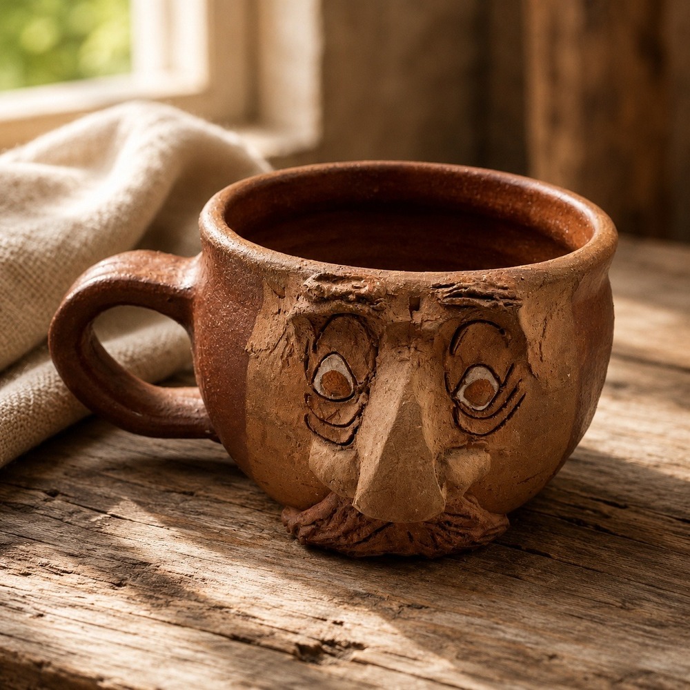 Handmade49 Pottery Folk‎ Art Face Mug Mustache Character Signed AC Brown Clay